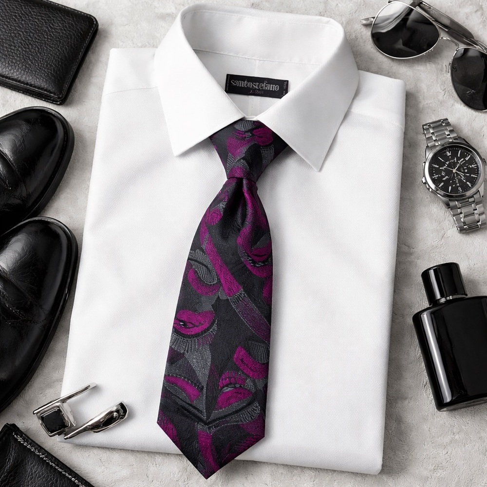 Santostefano Italo Ferretti Silk Tie Black Purple Abstract Made in Italy